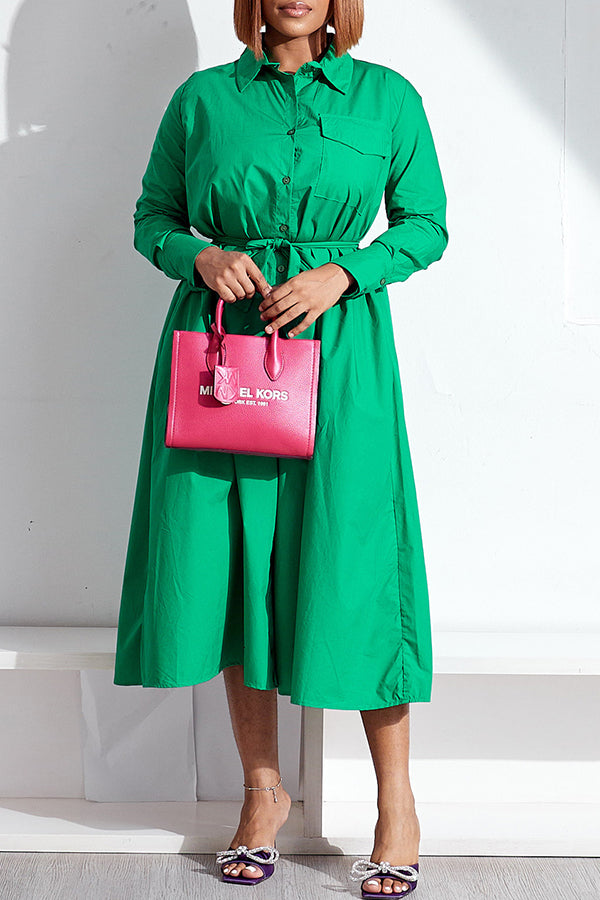 Simple Solid Color Long Sleeve Shirt Collar Lace-Up Single Breasted Midi Dress