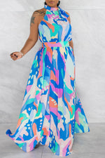 Temperament Sleeveless Print Lace-Up Collar Maxi Dress