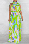 Temperament Sleeveless Print Lace-Up Collar Maxi Dress