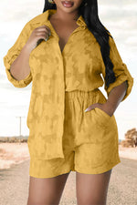 Casual Solid Color Jacquard Long Sleeve Blouse Elastic Waist Shorts Set