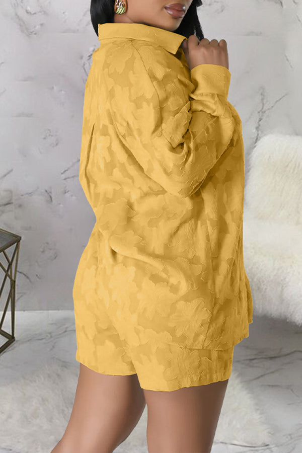Casual Solid Color Jacquard Long Sleeve Blouse Elastic Waist Shorts Set