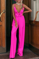 Sexy Bow Solid Color Deep V Neck Sling Jumpsuits