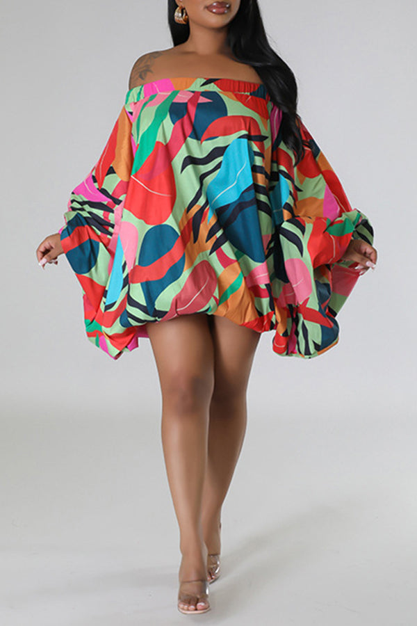 Fashion Print Off Shoulder Batwing Sleeve Loose Mini Dress