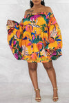 Fashion Print Off Shoulder Batwing Sleeve Loose Mini Dress