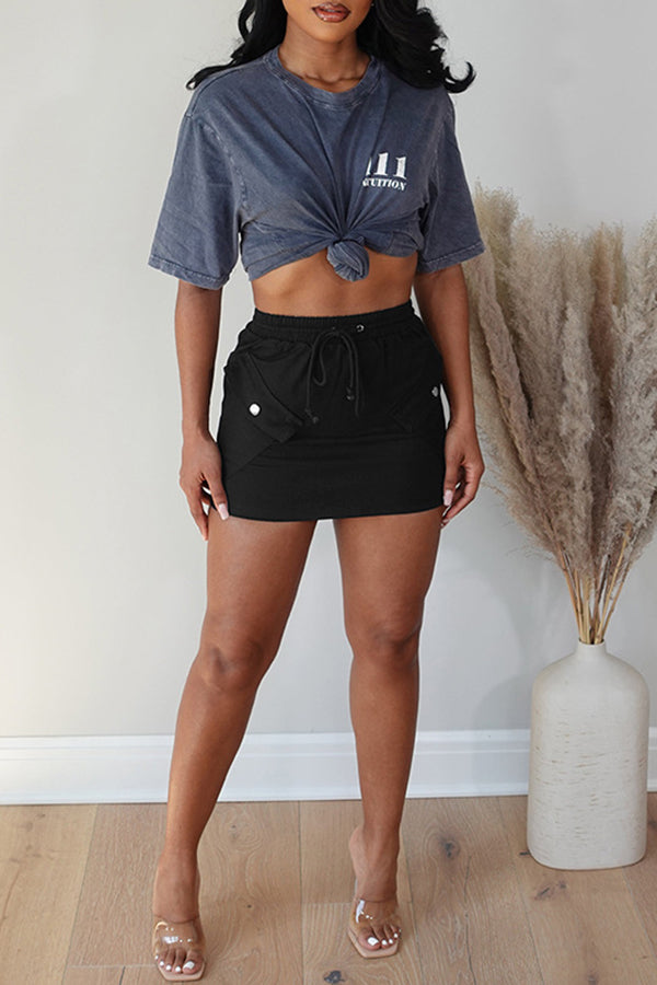 Casual Drawstring Solid Color Elastic Waist Package Hip Short Skirt