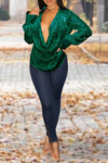 Sexy Swing Collar Solid Color Sequined Long Sleeve Blouse