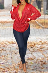 Sexy Swing Collar Solid Color Sequined Long Sleeve Blouse