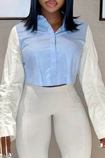 Fashion Color Block Drawstring Long Sleeve Short Blouse