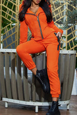 Casual Asymmetric Zip Solid Color Hoodie Jacket Slim-Fit Pant Suits