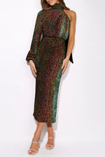 Elegant One Sleeve Sequins Scarf Collar Slim-Fit Slit Midi Dress
