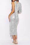 Elegant One Sleeve Sequins Scarf Collar Slim-Fit Slit Midi Dress