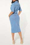 Fashion Half Sleeve Lapel Slim-Fit Solid Color Denim Slit Midi Dress