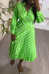 Elegant Stripe Print Long Sleeve Lace-Up Pleated Maxi Dress