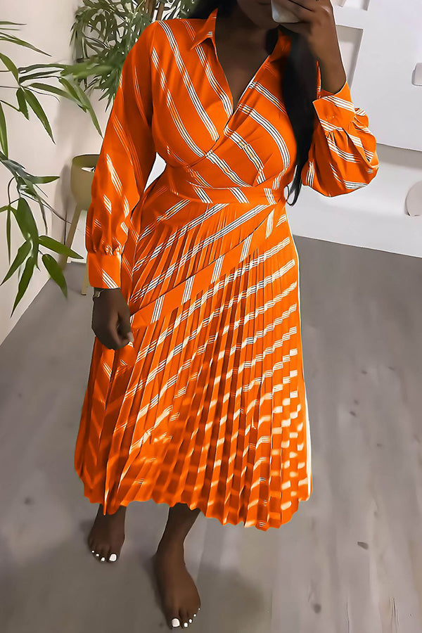 Elegant Stripe Print Long Sleeve Lace-Up Pleated Maxi Dress