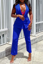 Commuter Solid Color Sleeveless Vest Straight-Leg Pant Suits