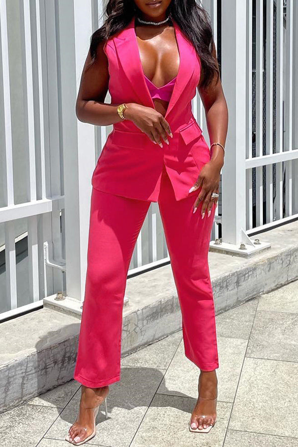 Commuter Solid Color Sleeveless Vest Straight-Leg Pant Suits