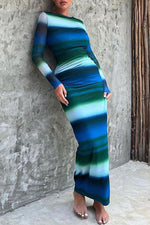 Sexy Slim-Fit Long Sleeve Gradigent Color Print Maxi Dress