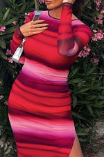 Sexy Slim-Fit Long Sleeve Gradigent Color Print Maxi Dress