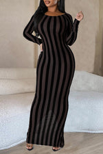 Sexy Long Sleeve Backless Sheer Stripe Slim-Fit Elastic Maxi Dress
