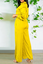 Simple Solid Color Satin Long Sleeve Blouse Drawstring Straight Leg Pant Suits