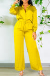 Simple Solid Color Satin Long Sleeve Blouse Drawstring Straight Leg Pant Suits