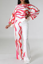 Fashion Stripe Print Batwing Sleeve Slash Neck Blouse High Wasit Pant Suits