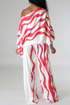 Fashion Stripe Print Batwing Sleeve Slash Neck Blouse High Wasit Pant Suits