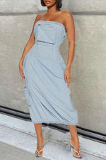 Trendy Bandeau Large Pocket Solid Color Slim Zipper Denim Midi Dress