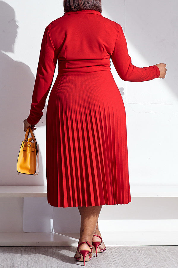 Elegant Lapel Solid Color Long Sleeve Pleated Midi Dress