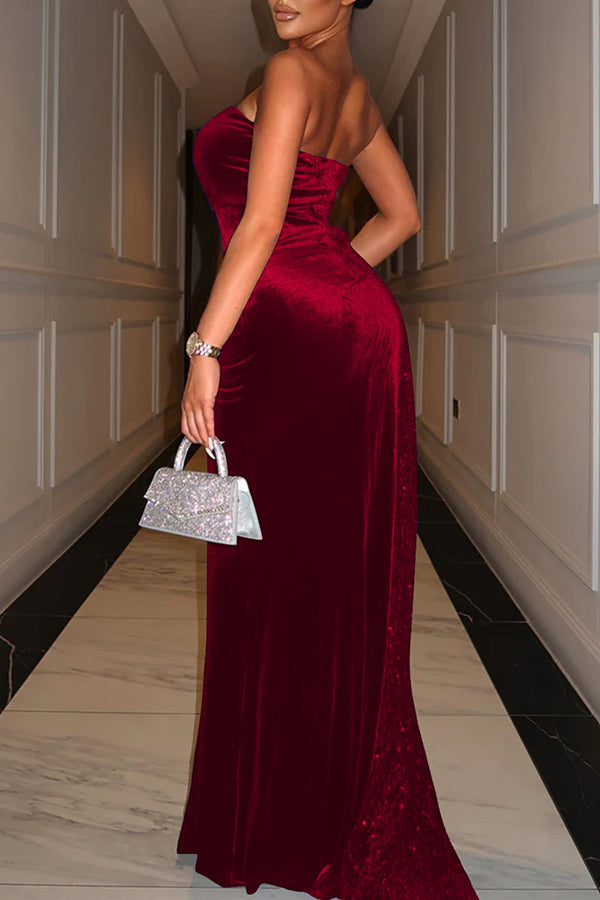 Sexy Bandeau Sequins Stitching Velvet Slim-Fit Slit Solid Color Maxi Dress