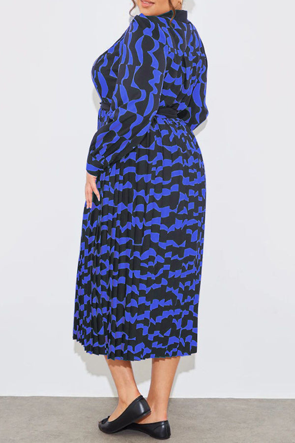 Temperament Print Long Sleeve Pleated Lace-Up Plus Size Midi Dress