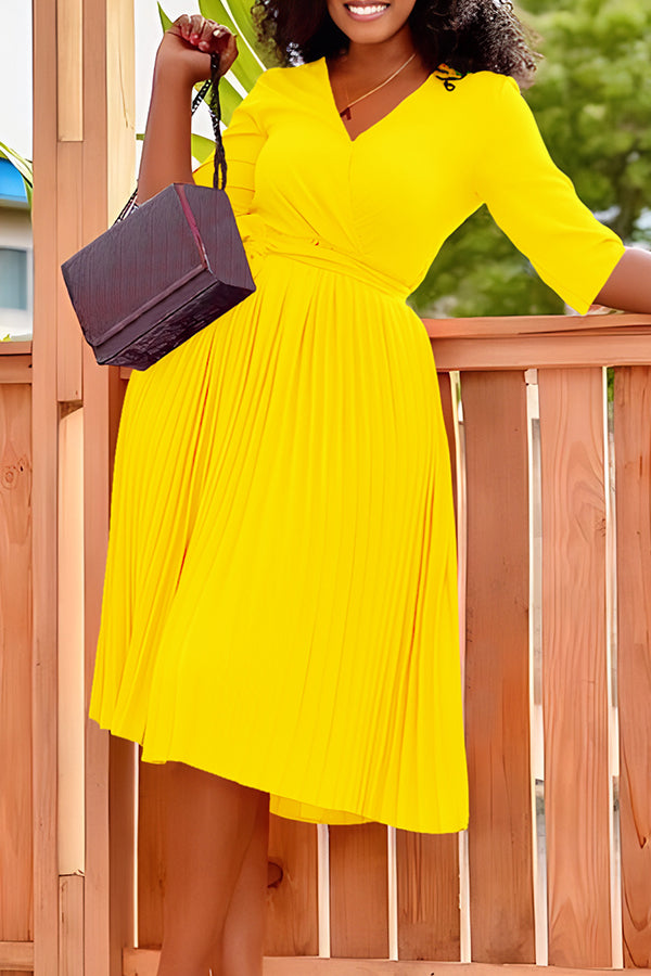 Elegant V-Neck Half Sleeve Solid Color Pleated A-Line Midi Dress