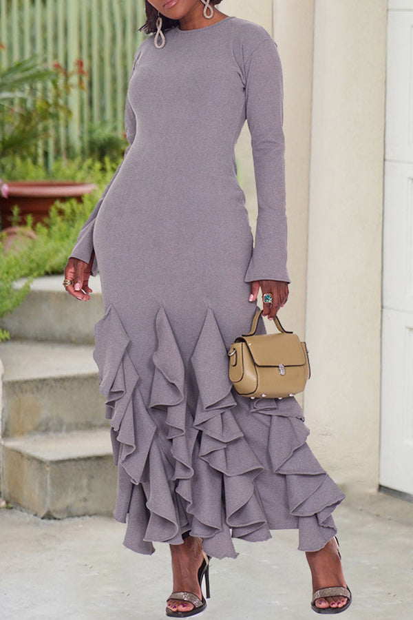 Elegant Long Sleeve Round Neck Hem Ruffle Solid Color Maxi Dress