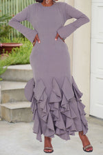 Elegant Long Sleeve Round Neck Hem Ruffle Solid Color Maxi Dress