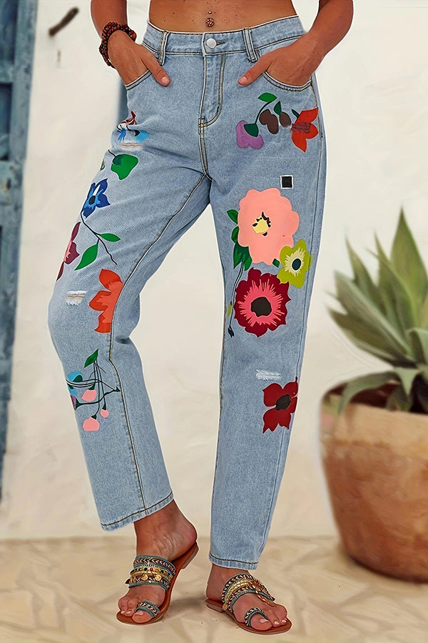 Casual Colorful Flower Print Hole Jeans
