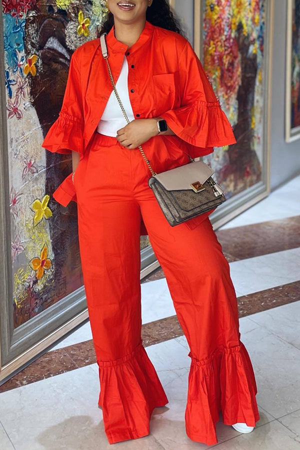 Simple Round Neck Flared Sleeve Solid Color Blouse Straight-Leg Pant Suits