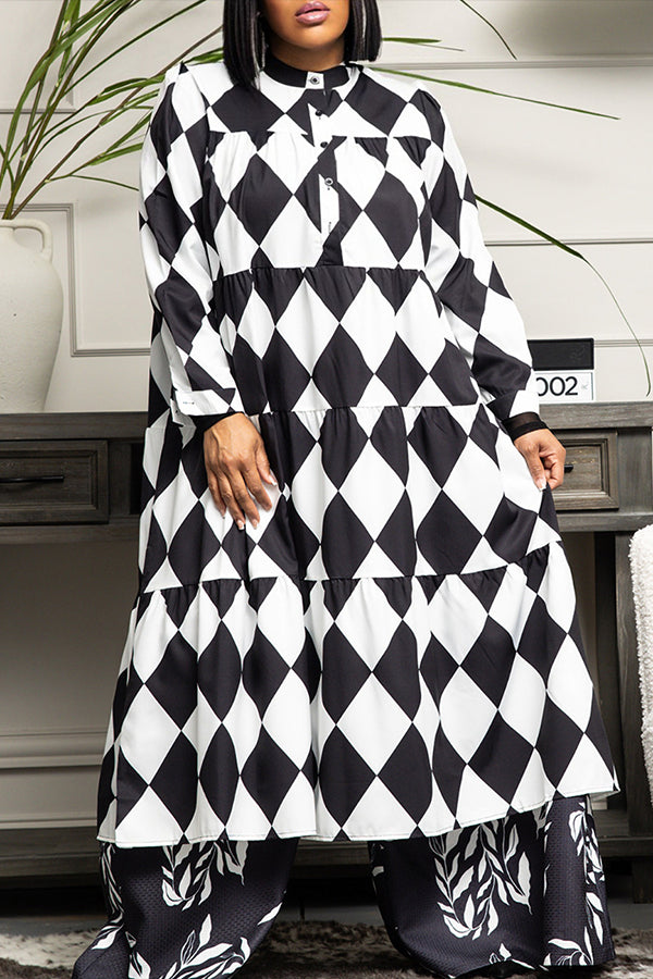 Fashion Square Print Long Sleeve Round Neck Loose Maxi Dress