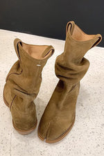 Western Solid Color Split Toe Chunky Heel Mid-Calf Boots