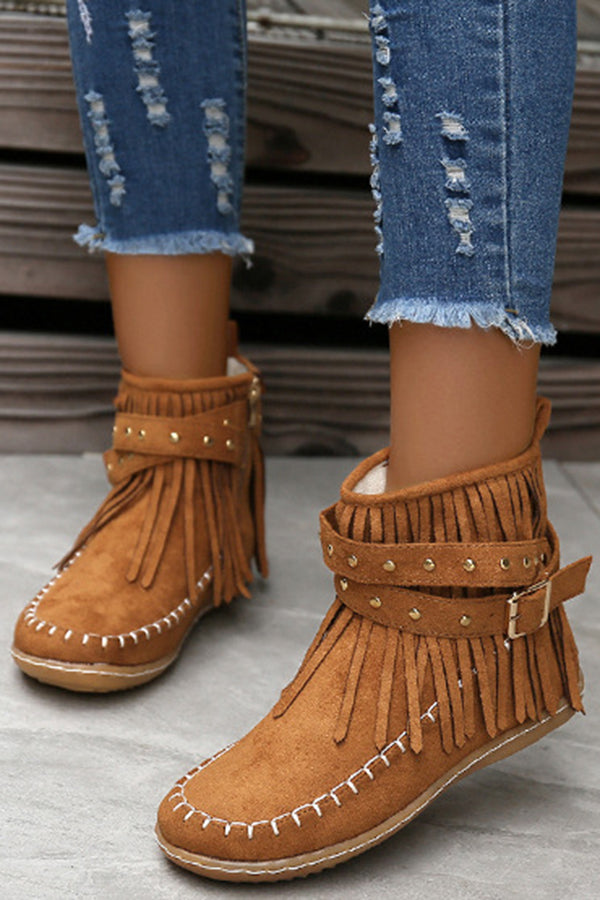 Casual Warm Solid Color Side Zipper Low-Cut Tassel Flat Ankle Boots