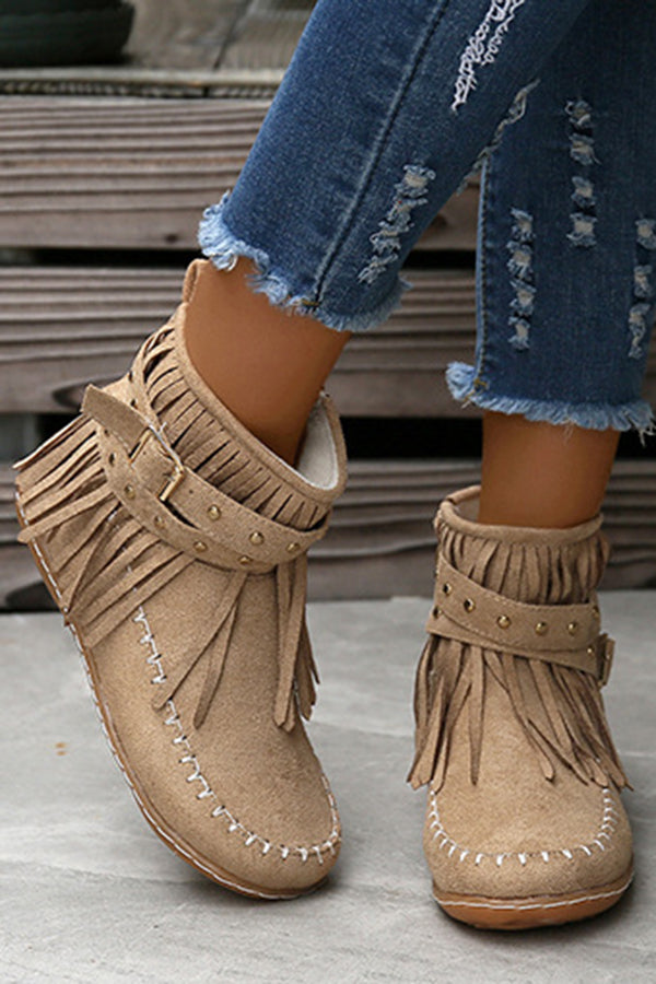 Casual Warm Solid Color Side Zipper Low-Cut Tassel Flat Ankle Boots