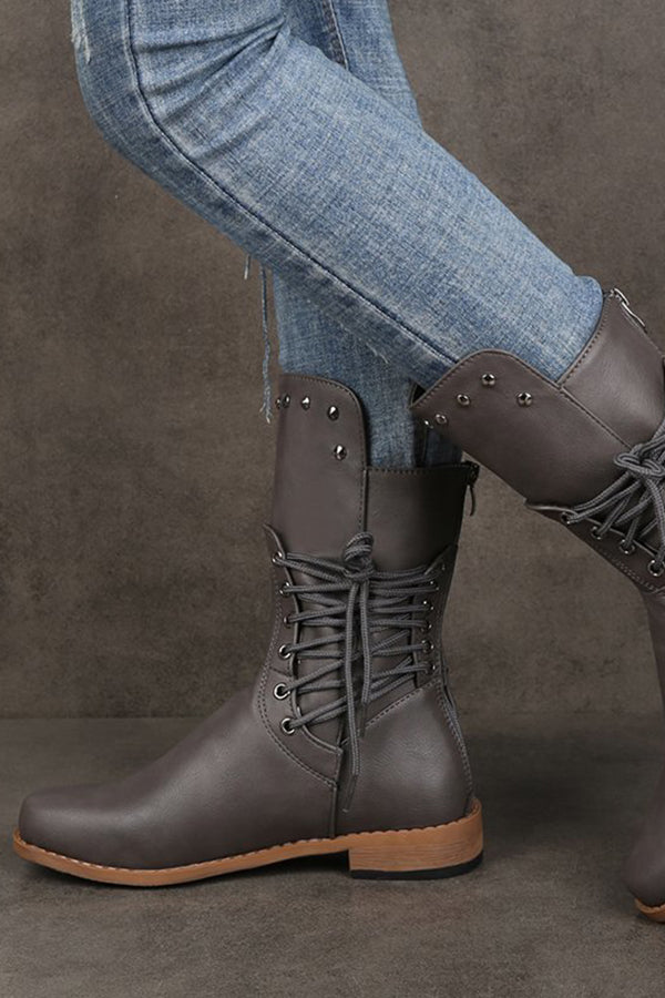 Vintage Faux Leather Studded Lace-Up Mid-Calf Casual Boots