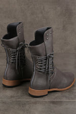 Vintage Faux Leather Studded Lace-Up Mid-Calf Casual Boots