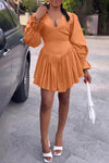 Pretty Ruffle Sleeve Solid Color V-Neck Ruching A-Line Mini Dress