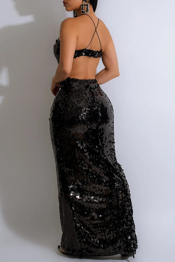 Sexy Sequins Slim-Fit Backless Cross Suspender Maxi Dress