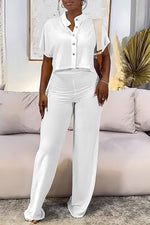 Simple Short Sleeve Solid Color Short Blouse Straight-Let Pant Suits