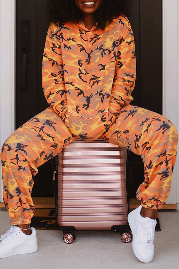 Comfortable Camouflage Print Pocket Hoodie Lounge Pant Suits