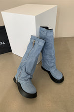 Trendy Zipper Flared Solid Color Denim Round Toe High Boots