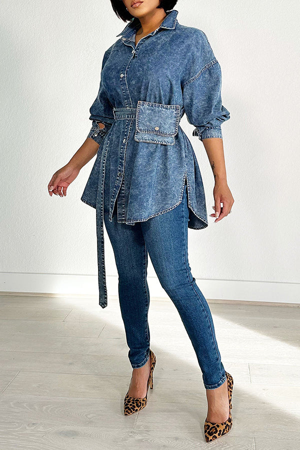 Fashion Single Breasted Fanny Pack Denim Loose Blouse