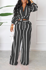  Fashion Stripe Print Long Sleeve Shirt Trousers Two Piece Set