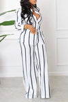  Fashion Stripe Print Long Sleeve Shirt Trousers Two Piece Set